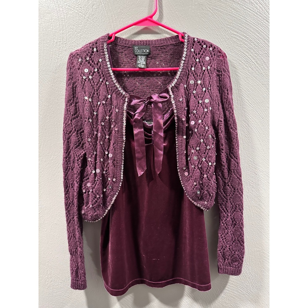 NY Collection Plum Purple Velvet Camisole and Sequin Knit Bolero Cardigan Set M